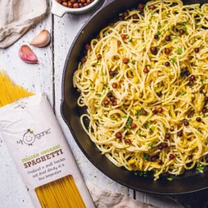 Vegan Carbonara Style Spaghetti With Smoky Baked Chickpeas