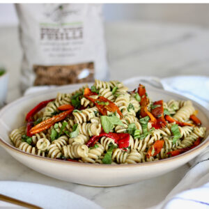 Easy Cook Fusilli with Homemade pesto and Roasted Peppers