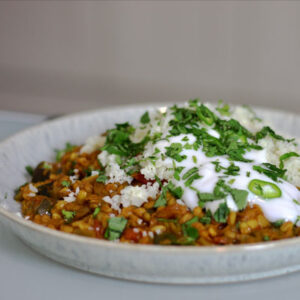 Curried Pearl Barley, Red Lentil and Mung Bean Stew with Cauli-rice