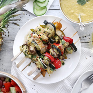 Grilled Veggie Skewers with Pineapple Curry Sauce