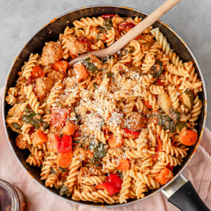 Creamy fusilli with plant based “Sausages” and Chunky Vegetables